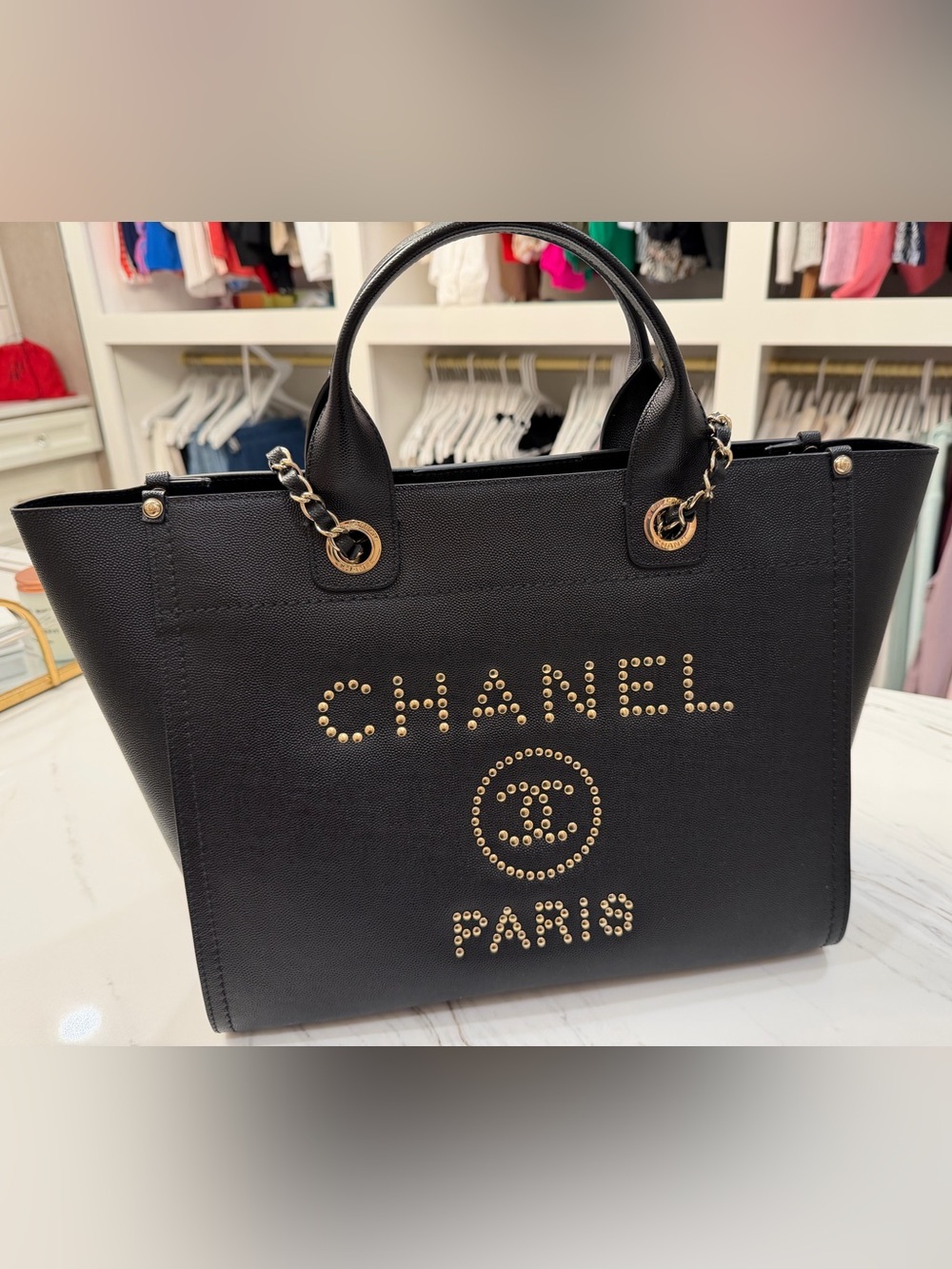 CHANEL Black Tote with Gold Stud Logo
